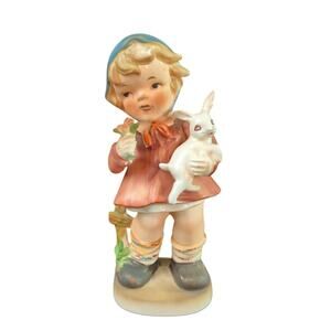 Vintage Relco Japan Hummel-Like Ceramic Girl Holding Flower and Bunny  8" Tall